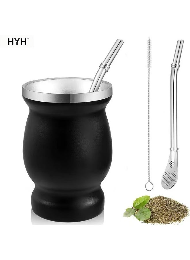 HYH Yerba Mate Cup 230ml, Double-Wall Stainless Steel Insulated Cup with Lid, Straw & Cleaning Brush, Black Finish, Easy to Clean, for Loose Yerba Mate & Coffee - Image 1