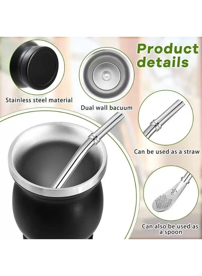 HYH Yerba Mate Cup 230ml, Double-Wall Stainless Steel Insulated Cup with Lid, Straw & Cleaning Brush, Black Finish, Easy to Clean, for Loose Yerba Mate & Coffee - Image 2