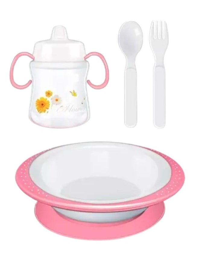 Generic Baby feeding set 4 in 1, children’s tableware, plate, spoon, fork, and water or milk bottle, a complete set of four-piece baby feeding tools (pink)  - Image 1