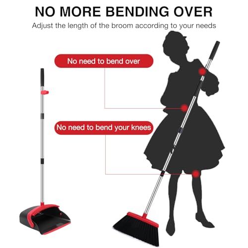 NACENA Broom and Dustpan Set, 52-in Long Adjustable Handle Broom Dustpan Combo with Dustpan Teeth to Automatically Clean Hair Suitable for Home Kitchen Office Hall Floor (Black&Red), 2 Pack - Image 3