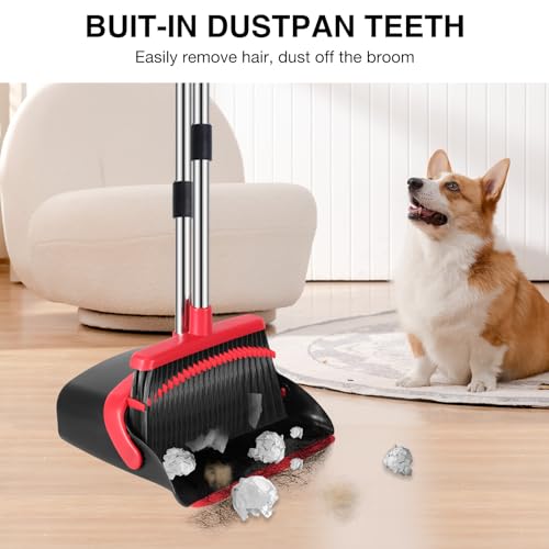 NACENA Broom and Dustpan Set, 52-in Long Adjustable Handle Broom Dustpan Combo with Dustpan Teeth to Automatically Clean Hair Suitable for Home Kitchen Office Hall Floor (Black&Red), 2 Pack - Image 4