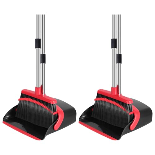 NACENA Broom and Dustpan Set, 52-in Long Adjustable Handle Broom Dustpan Combo with Dustpan Teeth to Automatically Clean Hair Suitable for Home Kitchen Office Hall Floor (Black&Red), 2 Pack - Image 1