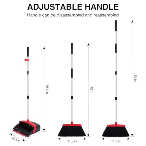 NACENA Broom and Dustpan Set, 52-in Long Adjustable Handle Broom Dustpan Combo with Dustpan Teeth to Automatically Clean Hair Suitable for Home Kitchen Office Hall Floor (Black&Red), 2 Pack - Image 2