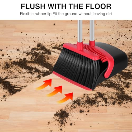NACENA Broom and Dustpan Set, 52-in Long Adjustable Handle Broom Dustpan Combo with Dustpan Teeth to Automatically Clean Hair Suitable for Home Kitchen Office Hall Floor (Black&Red), 2 Pack - Image 5
