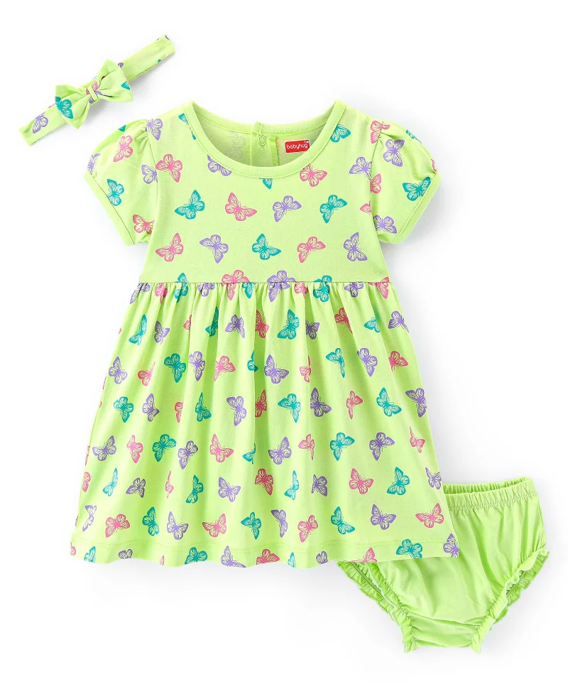 babyhug Babyhug Cotton Knit Half Sleeves Frock with Bloomer & Headband Butterfly Printed - Green