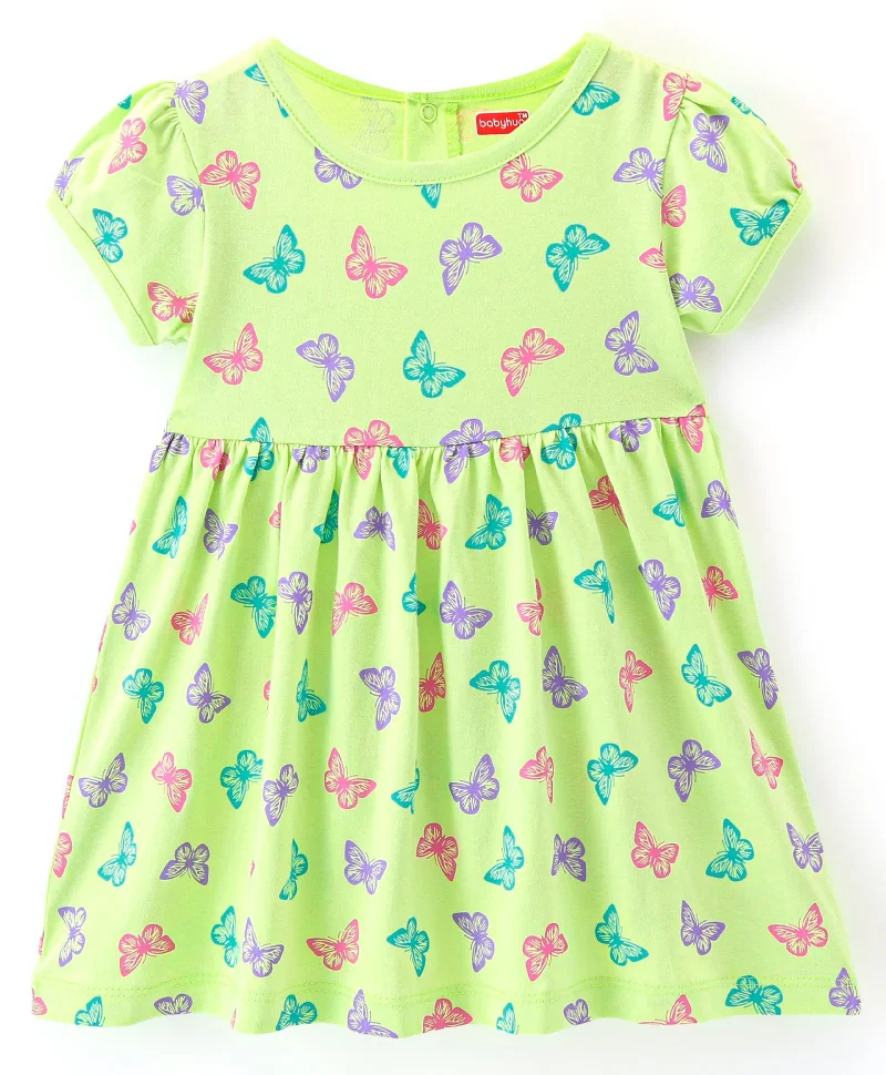 babyhug Babyhug Cotton Knit Half Sleeves Frock with Bloomer & Headband Butterfly Printed - Green