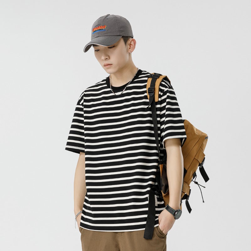 Kun Hai Peng Yun Men's Summer New Couple Striped Short-sleeved T-shirt Men's Casual Loose Half-sleeved Men's Base Shirt - Image 4