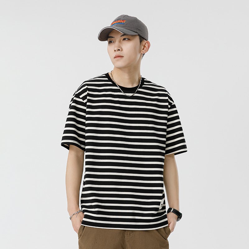 Kun Hai Peng Yun Men's Summer New Couple Striped Short-sleeved T-shirt Men's Casual Loose Half-sleeved Men's Base Shirt - Image 2