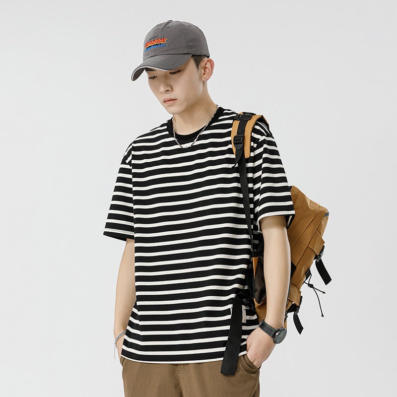 Kun Hai Peng Yun Men's Summer New Couple Striped Short-sleeved T-shirt Men's Casual Loose Half-sleeved Men's Base Shirt - Image 1