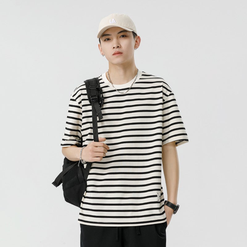 Kun Hai Peng Yun Men's Summer New Couple Striped Short-sleeved T-shirt Men's Casual Loose Half-sleeved Men's Base Shirt - Image 3