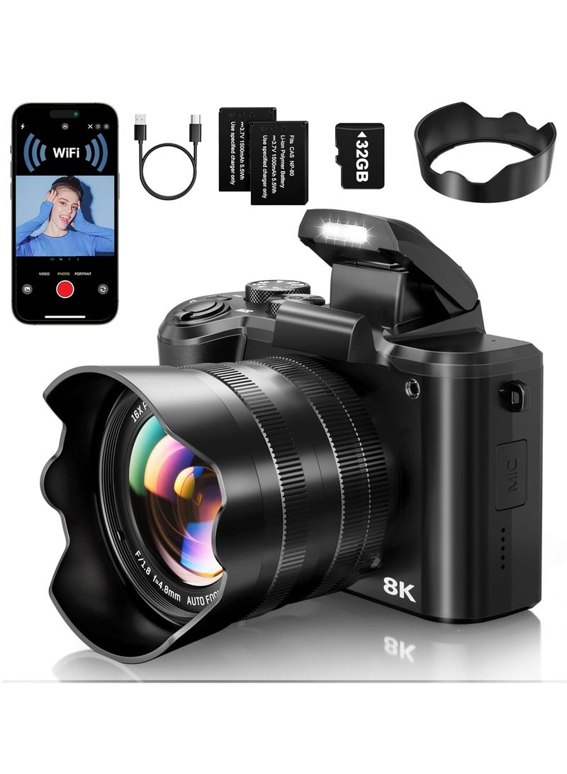 Generic 8K Digital Camera for Photography, 88MP Autofocus WiFi Vlogging Camera for YouTube Video with Front and Rear Lens, Flash, Touch Screen, Lens Hood, 32GB Card, 2 Batteries(Black)  - Image 1