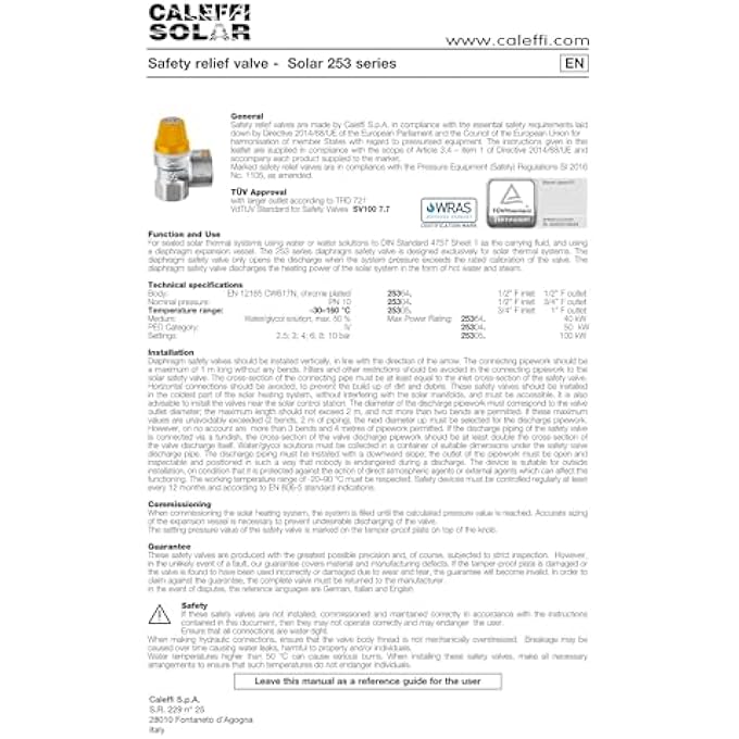 253048 SAFETY VALVE FOR SOLAR SYSTEMS 1/2 "F X 3/4" F 8 BAR - Image 3