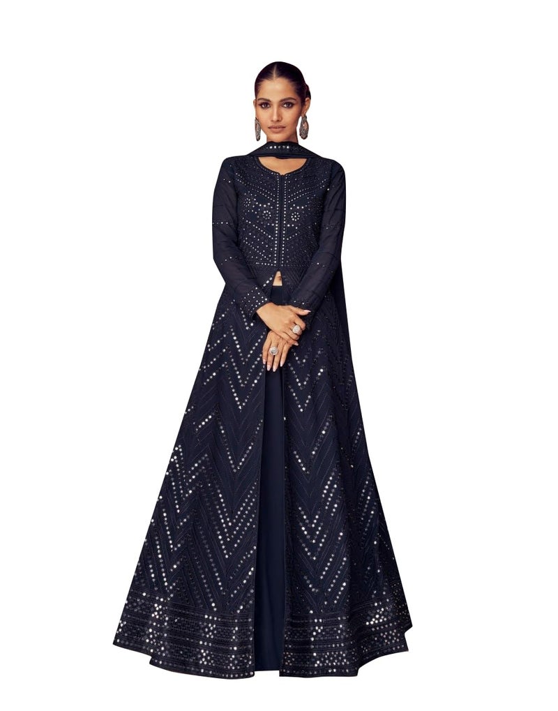 TRENDMALLS Women's Georgette Embroidery Salwar Suit Set Kurta Lehenga with Dupatta (G129-Blue-XL) - Image 1