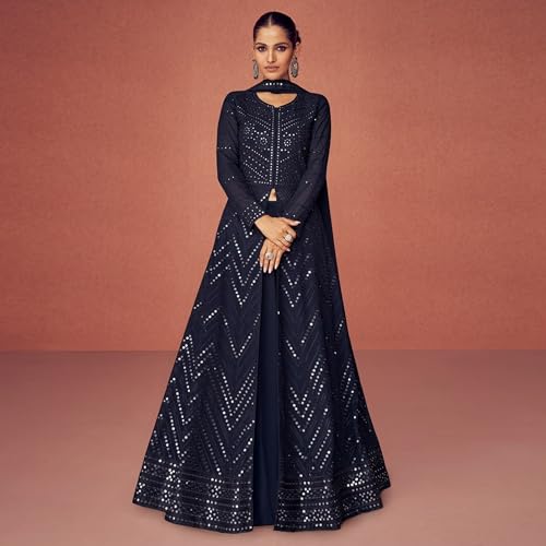 TRENDMALLS Women's Georgette Embroidery Salwar Suit Set Kurta Lehenga with Dupatta (G129-Blue-XL) - Image 5