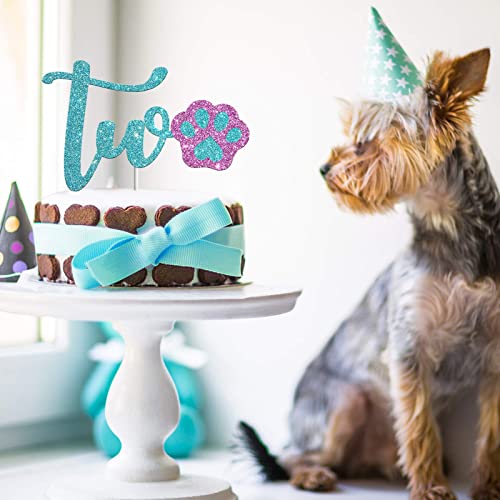 Festiko®Lets Pawty Two Cake Topper, Happy 2nd Birthday Cake Topper, Pet Dog Puppy Birthday Party Cake Supplies Decoration - Blue & Pink Glitter - Image 4