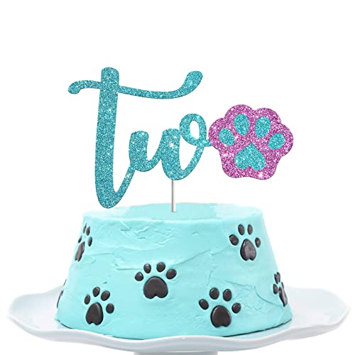 Festiko®Lets Pawty Two Cake Topper, Happy 2nd Birthday Cake Topper, Pet Dog Puppy Birthday Party Cake Supplies Decoration - Blue & Pink Glitter - Image 1