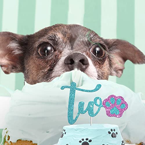 Festiko®Lets Pawty Two Cake Topper, Happy 2nd Birthday Cake Topper, Pet Dog Puppy Birthday Party Cake Supplies Decoration - Blue & Pink Glitter - Image 3