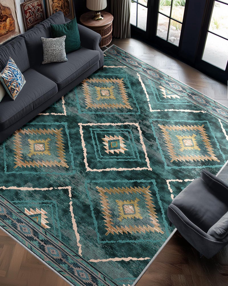BESTSWEETIE Area Rug 8x10 Rug Machine Washable Non-Slip Low Pile Print Pattern Western Rug for Living Room Bedroom Entryway Tribal Series -Teal/Green - Image 1
