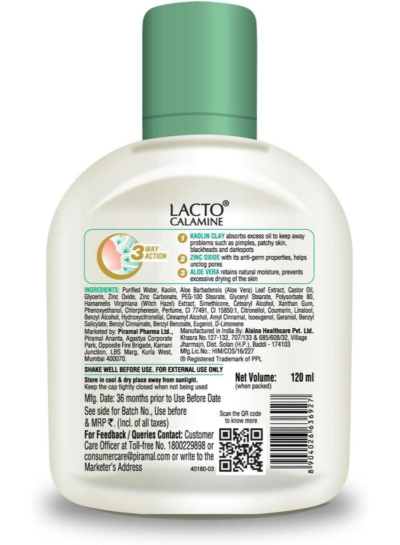 Lacto Calamine Face Lotion Kaolin Clay with Aloe Vera - Absorbs Only Excess Oil - Paraben Free 120ml - Image 2
