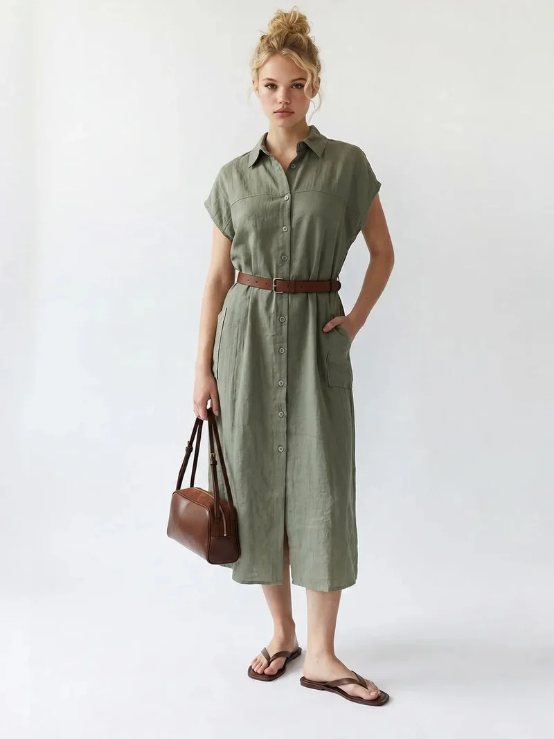 ميكسراي MIXRAY Belted Midi Shirt Dress
