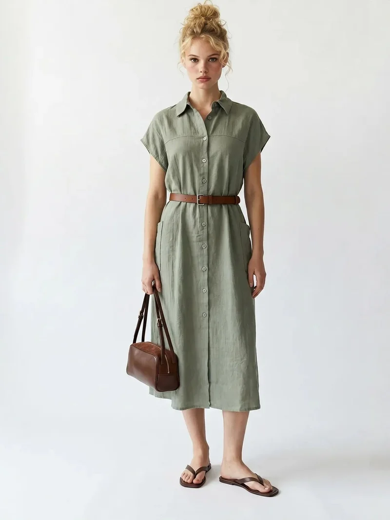 ميكسراي MIXRAY Belted Midi Shirt Dress