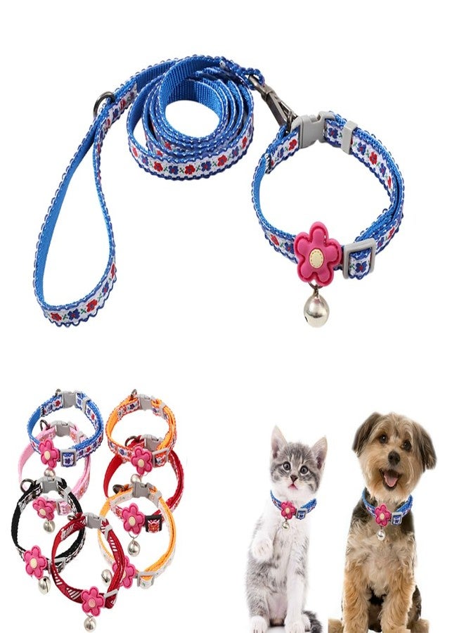 WeimoMonkey Puppy Collar XS with Bell Leash Set,Basic Puppy Collars Floral Print for XXS Xs Small Cat Pet Animal Litter Tiny Kitten Boy Girls, Blue - Image 1