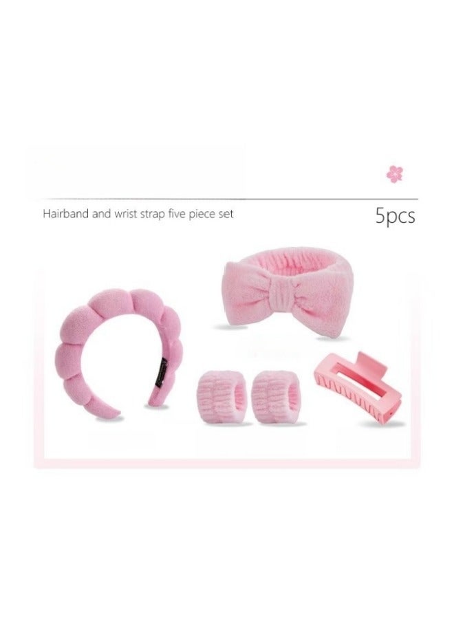 Generic 5PCS Sponge Headband Wristband Sets, Makeup Headband Set, Spa Headband for Washing Face , Skincare Makeup Removal, Yoga Sports, Shower Head Band (Pink)  - Image 1