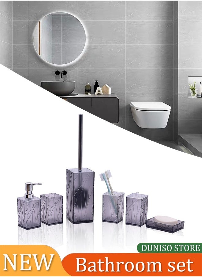 DUNISO 6 pieces of Bathroom accessories set, plastic gift set, twill square stainless steel bathroom set, with lotion bottle, toothbrush cup, mouthwash cup, soap tray, toilet brush, cotton swab box  - Image 1