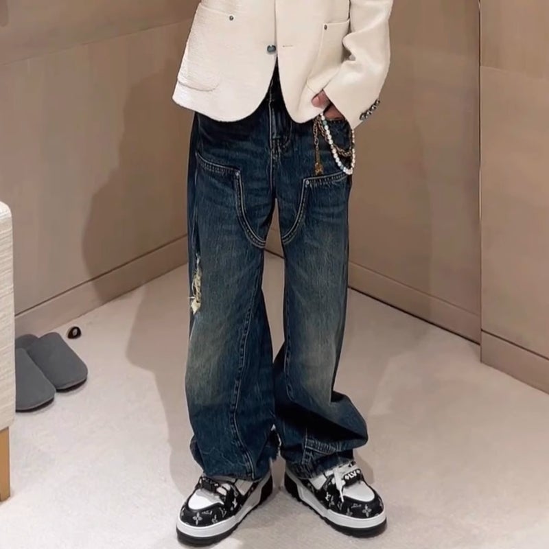 سروال جينز مزين بالأزرار التركوازية بتصميم قديم ومغسول باللون الأزرق مع تآكل في القماش - Image 3