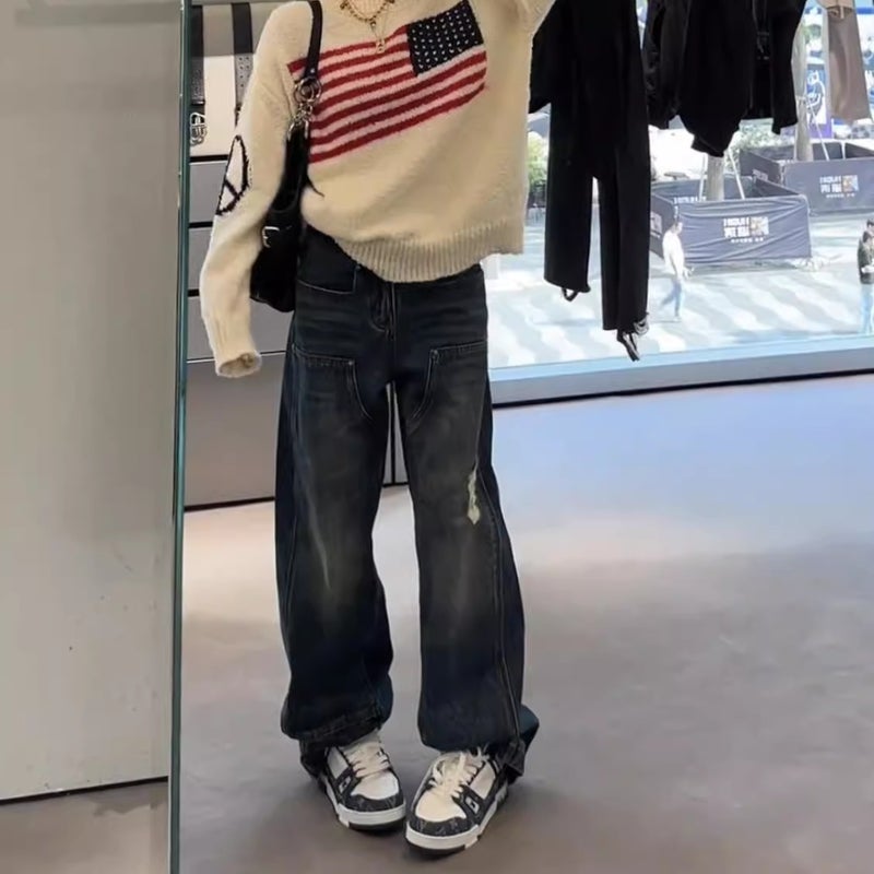 سروال جينز مزين بالأزرار التركوازية بتصميم قديم ومغسول باللون الأزرق مع تآكل في القماش - Image 4