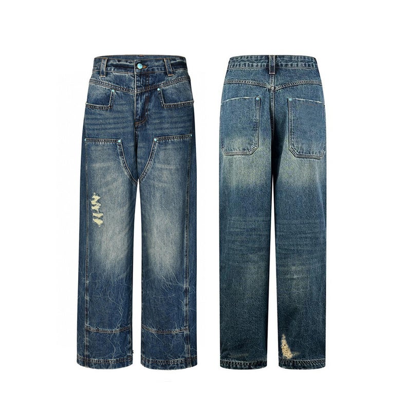 سروال جينز مزين بالأزرار التركوازية بتصميم قديم ومغسول باللون الأزرق مع تآكل في القماش - Image 1