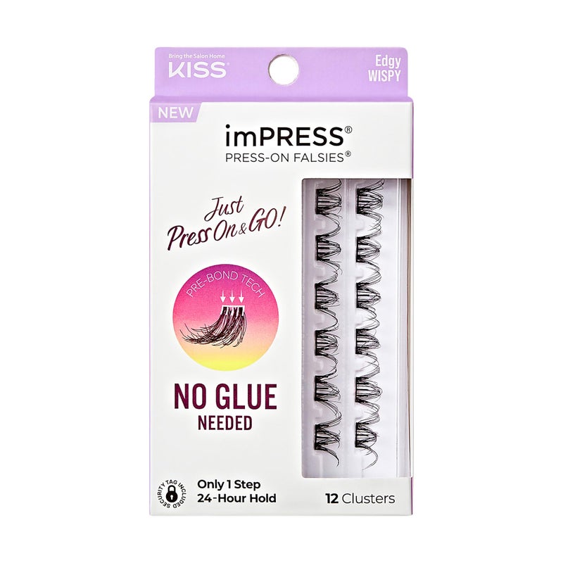Impress KISS imPRESS Falsies Press On Self Adhesive Eyelashes, 14mm-16mm Natural Volume Press On Lashes, Black, No Glue Needed, Invisible Band, 12 Lash Clusters - Edgy - Image 1