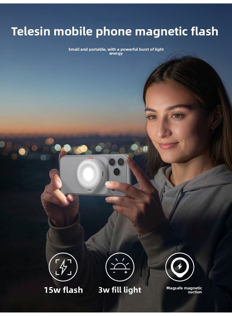 TELESIN Magnetic Mini Fill Light for Phone – 15W 5000Lux LED Portable Flash Light with MagSafe Mount, 180° Adjustable Angle, Bluetooth Trigger, Built-in Battery for Selfie, Vlog, Video Recording, Photography - Image 2