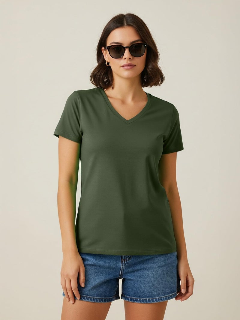 JUNEBERRY Women Solid V Neck Pure Cotton T-Shirt - Image 3
