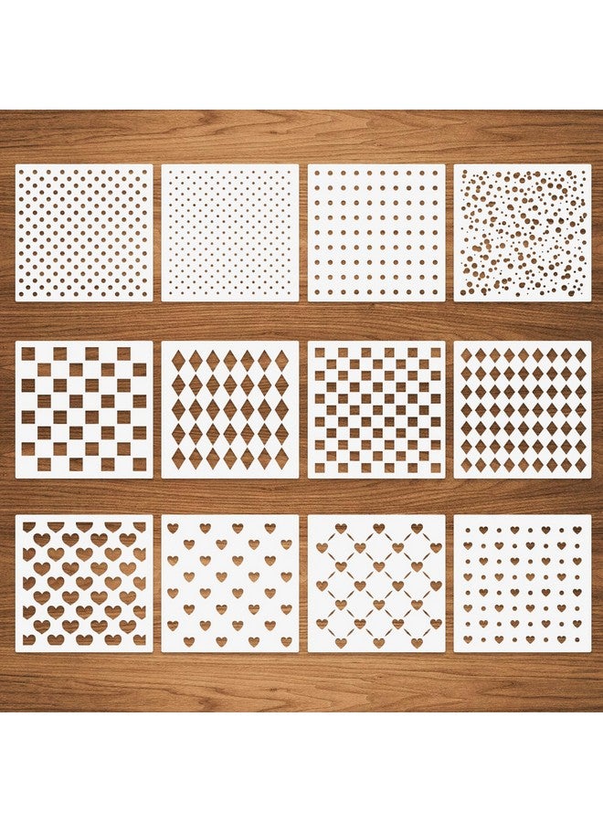 CODOHI 12 Pcs Mixed Media Stencils, Polka Dot Stencils, Checkered Stencils, Heart Stencils, Assorted Sizes Repeating Stencils For Painting On Wood Furniture Pillows Wall Scrapbook Card Making Diy Craft 6"X6" - Image 1