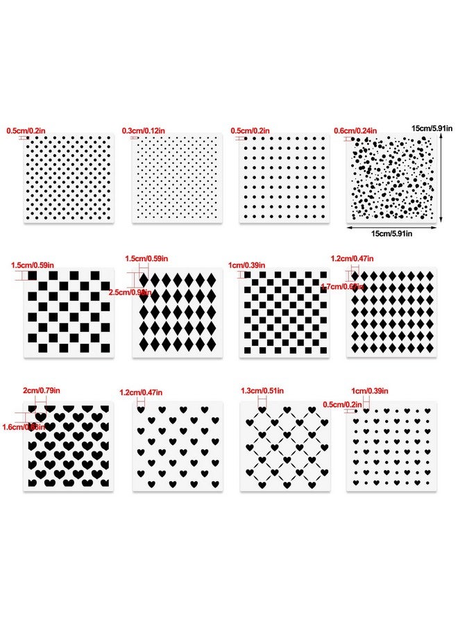 CODOHI 12 Pcs Mixed Media Stencils, Polka Dot Stencils, Checkered Stencils, Heart Stencils, Assorted Sizes Repeating Stencils For Painting On Wood Furniture Pillows Wall Scrapbook Card Making Diy Craft 6"X6" - Image 2