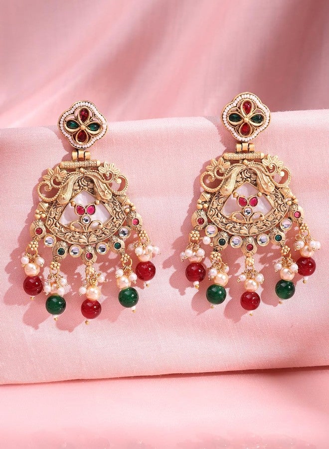ADIVA 22K Gold-Plated Green Onyx & Kundan Studded with Pearl Beads Peacock Designer Jhumka Earrings Set for women, Traditional Stylish Jhumka for Girls Party, Wedding, Festive - Image 2