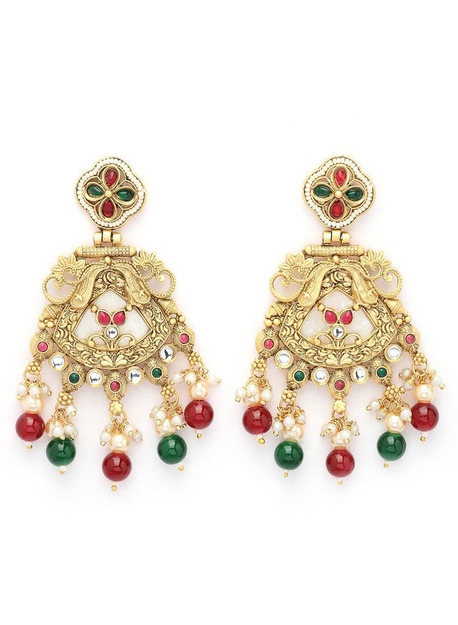 ADIVA 22K Gold-Plated Green Onyx & Kundan Studded with Pearl Beads Peacock Designer Jhumka Earrings Set for women, Traditional Stylish Jhumka for Girls Party, Wedding, Festive - Image 1