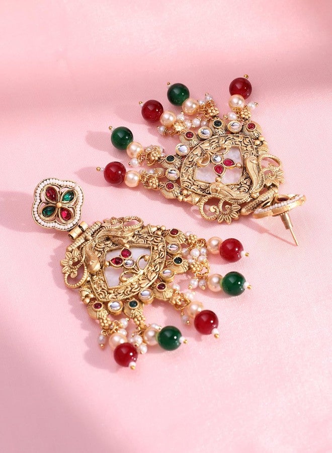 ADIVA 22K Gold-Plated Green Onyx & Kundan Studded with Pearl Beads Peacock Designer Jhumka Earrings Set for women, Traditional Stylish Jhumka for Girls Party, Wedding, Festive - Image 5