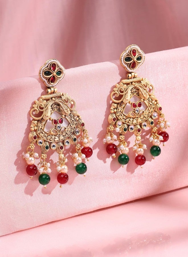 ADIVA 22K Gold-Plated Green Onyx & Kundan Studded with Pearl Beads Peacock Designer Jhumka Earrings Set for women, Traditional Stylish Jhumka for Girls Party, Wedding, Festive - Image 4