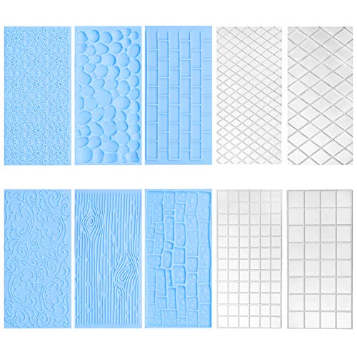 HiParty 10Pcs/Set Fondant Impression Mat, Tree Bark Brick Stone Wall Flower Cobblestone Diamond Quilted Grid Texture Design Embossed Lace Embossing Mold Decorating Tools for Wedding Cake Border Decoration - Image 1