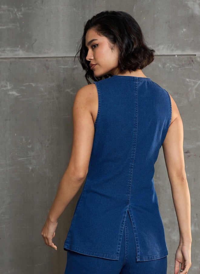 SASSAFRAS Navy Blue Denim Shirt Style Top for Women - Image 4