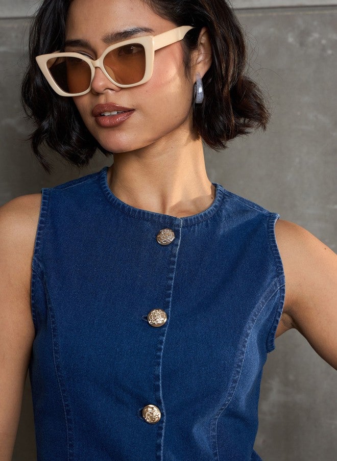 SASSAFRAS Navy Blue Denim Shirt Style Top for Women - Image 2