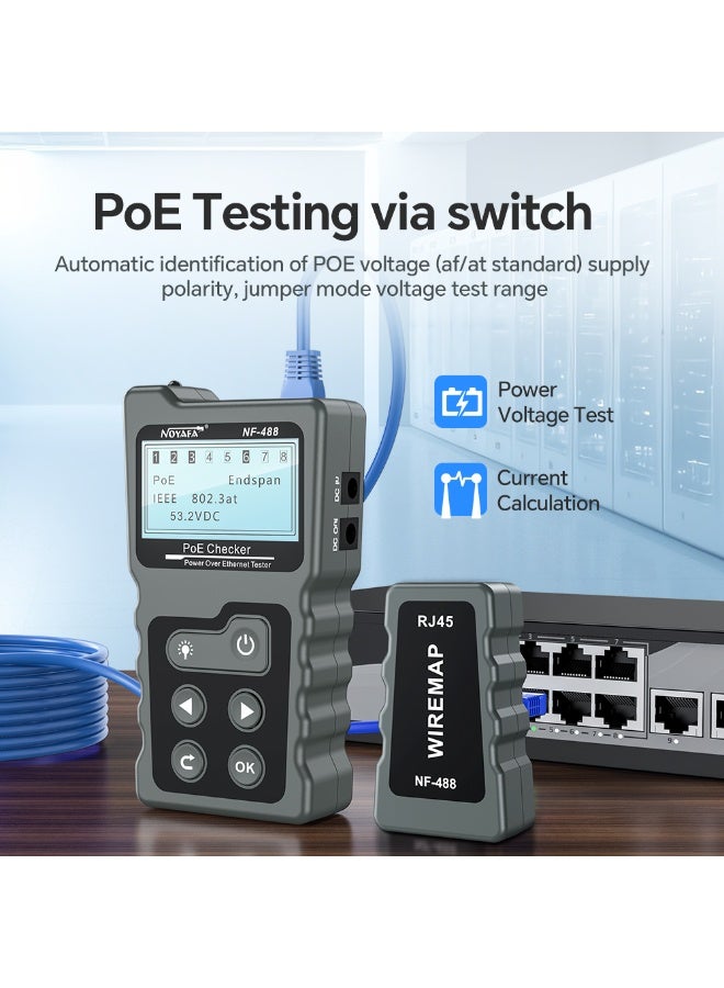 نويافا جهاز اختبار كابلات PoE بشاشة LCD، جهاز اختبار كابلات الشبكة، جهاز فحص PoE، جهاز اختبار جهد وتيار الطاقة عبر الإيثرنت، اختبار PoE، فحص استمرارية كابلات الشبكة، اختبار التغذية الراجعة لمصدر الطاقة DC والمفاتيح، كاشف PoE - Image 2