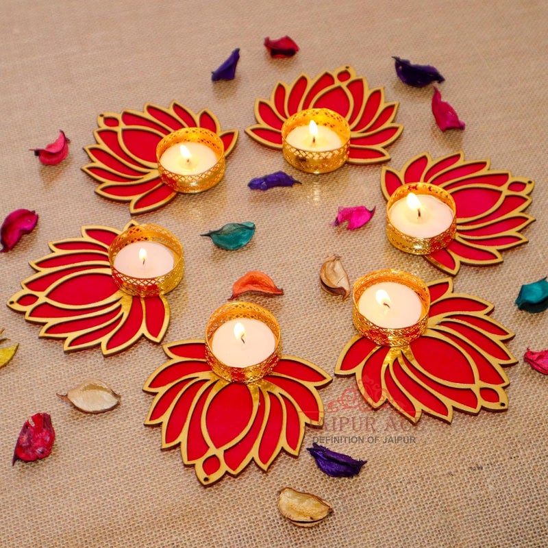 JAIPUR ACE Jaipur Ace Decorative Diwali Tealight Diya Traditional Handmade Lotus tealight Candle Holder Rangoli TealightDiyaCandles Set for Home Decoration Diwali Laxmi Pooja Diya Rangoli Set Set of 6  - Image 4