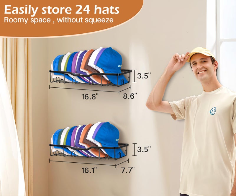 KEETDY Metal Hat Racks for Baseball Caps Wall Hat Organizer Fit 48 Caps Holder, 2 Packs Sturdy Wall Mounted Hat Storage Organizer, Black, Patent: US D1,041,201 S - Image 3