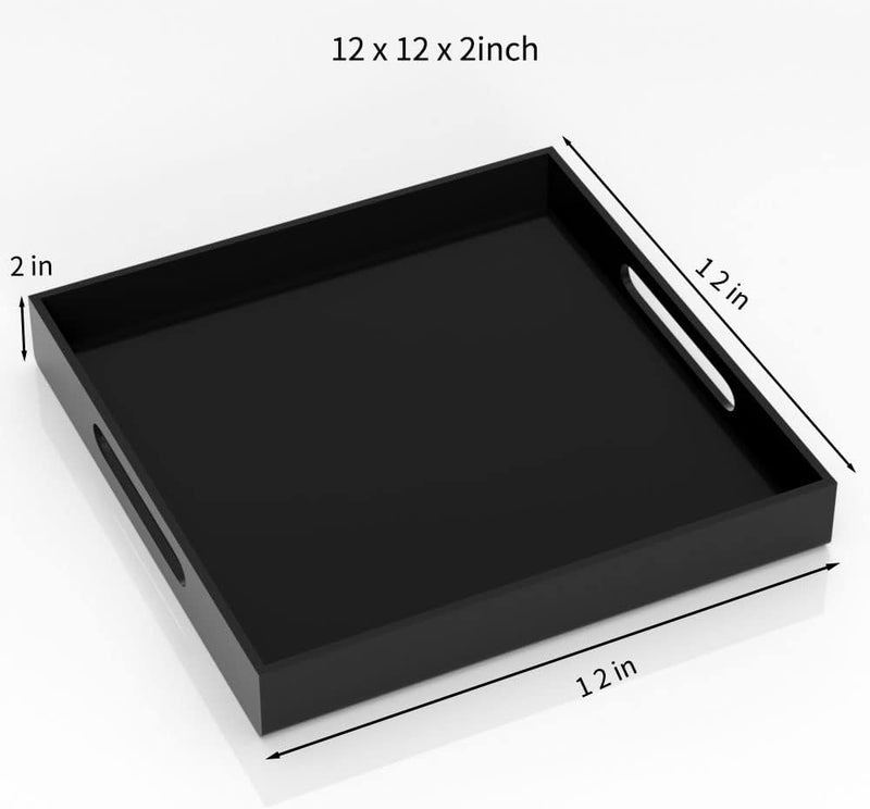 NIUBEE Acrylic Serving Tray 12x12 Inches -Spill Proof- Decorative Tray Organiser for Ottoman Coffee Table Countertop with Handles - Black - Image 3