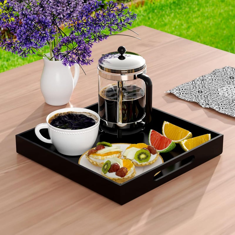 NIUBEE Acrylic Serving Tray 12x12 Inches -Spill Proof- Decorative Tray Organiser for Ottoman Coffee Table Countertop with Handles - Black - Image 2