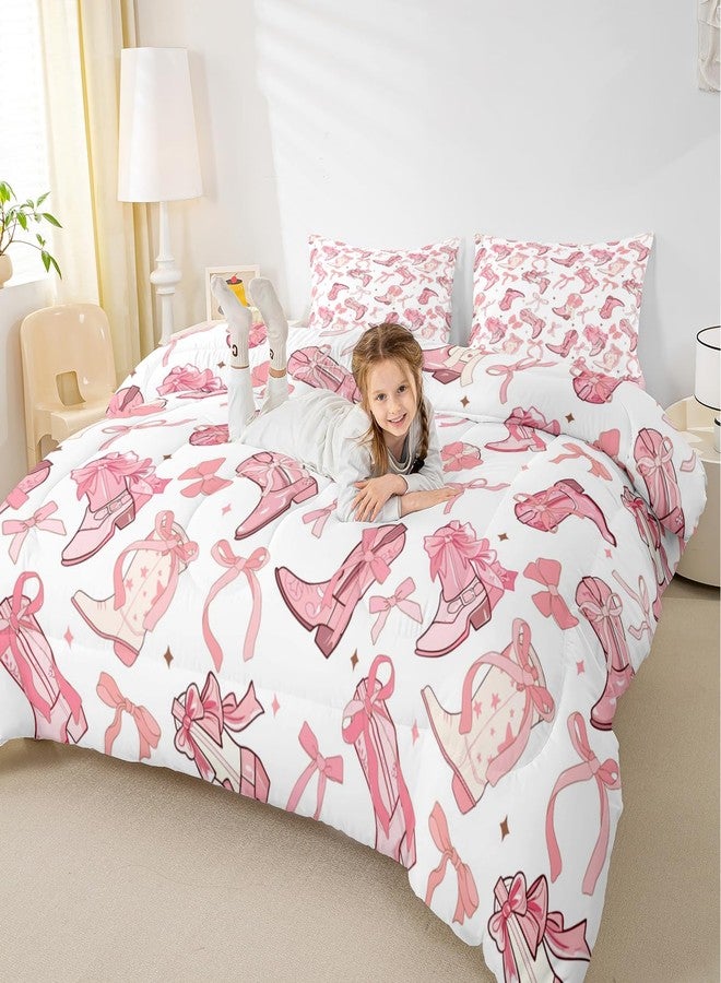 Man Fei Manfei Cowgirl Comforter Set,Western Cowboy Boots Pink Bowknots Bedding Set for Teens Adults Room,Dreamy Fairy Tale Princess Starry Quilt Set,Pink White Duvet Insert 3 Pcs with 2 Pillowcases,Queen - Image 3