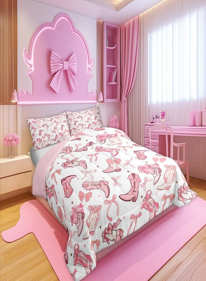 Man Fei Manfei Cowgirl Comforter Set,Western Cowboy Boots Pink Bowknots Bedding Set for Teens Adults Room,Dreamy Fairy Tale Princess Starry Quilt Set,Pink White Duvet Insert 3 Pcs with 2 Pillowcases,Queen - Image 1